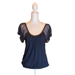 MATTY M Adorable Dark Blue Top with Sheer Sleeves and Bling Neckline Size XS